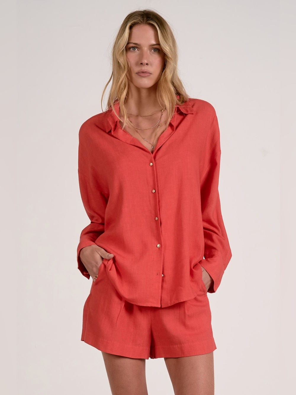 Coral Red Button Down Shirt Long Sleeve Relaxed Fit Top
